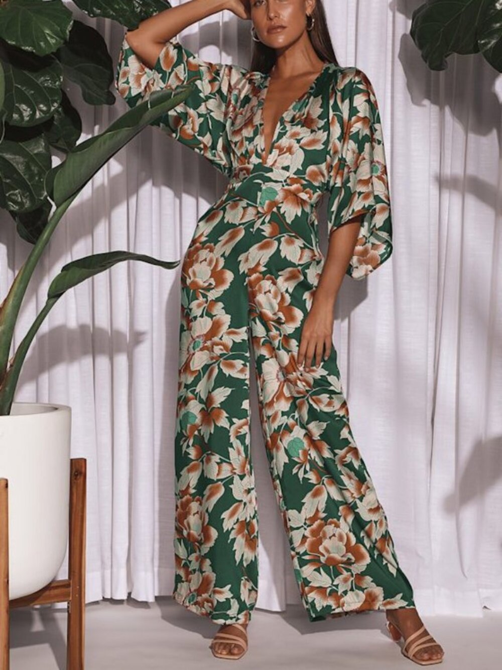 Lulus From Sunrise Teal Floral Print Bell Sleeve Wide-leg Jumpsuit Green